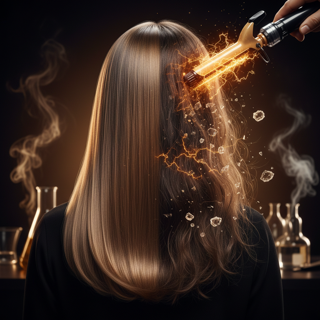 Stylist measuring the science of heat damage on hair using a flat iron on cuticles.
