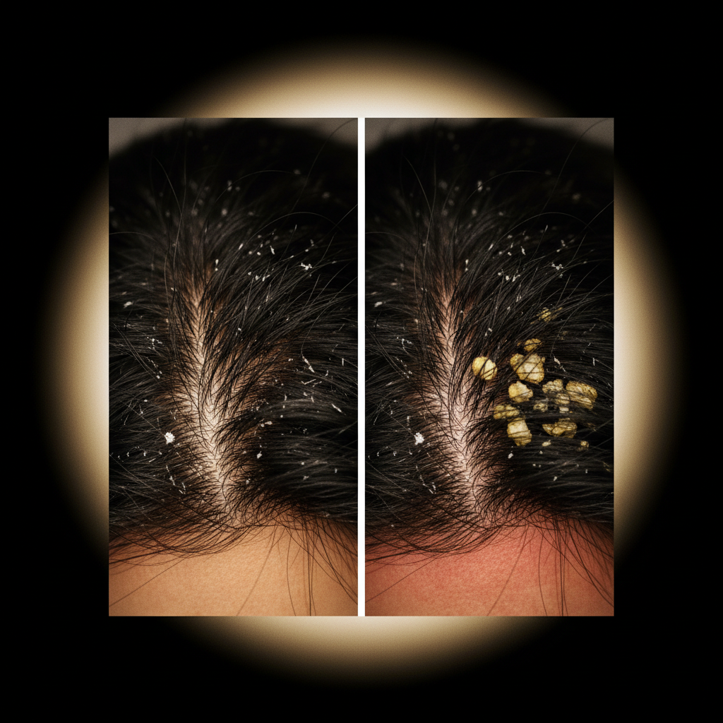 Close up view illustrating seborrhoeic dermatitis vs dandruff flaking on a human scalp