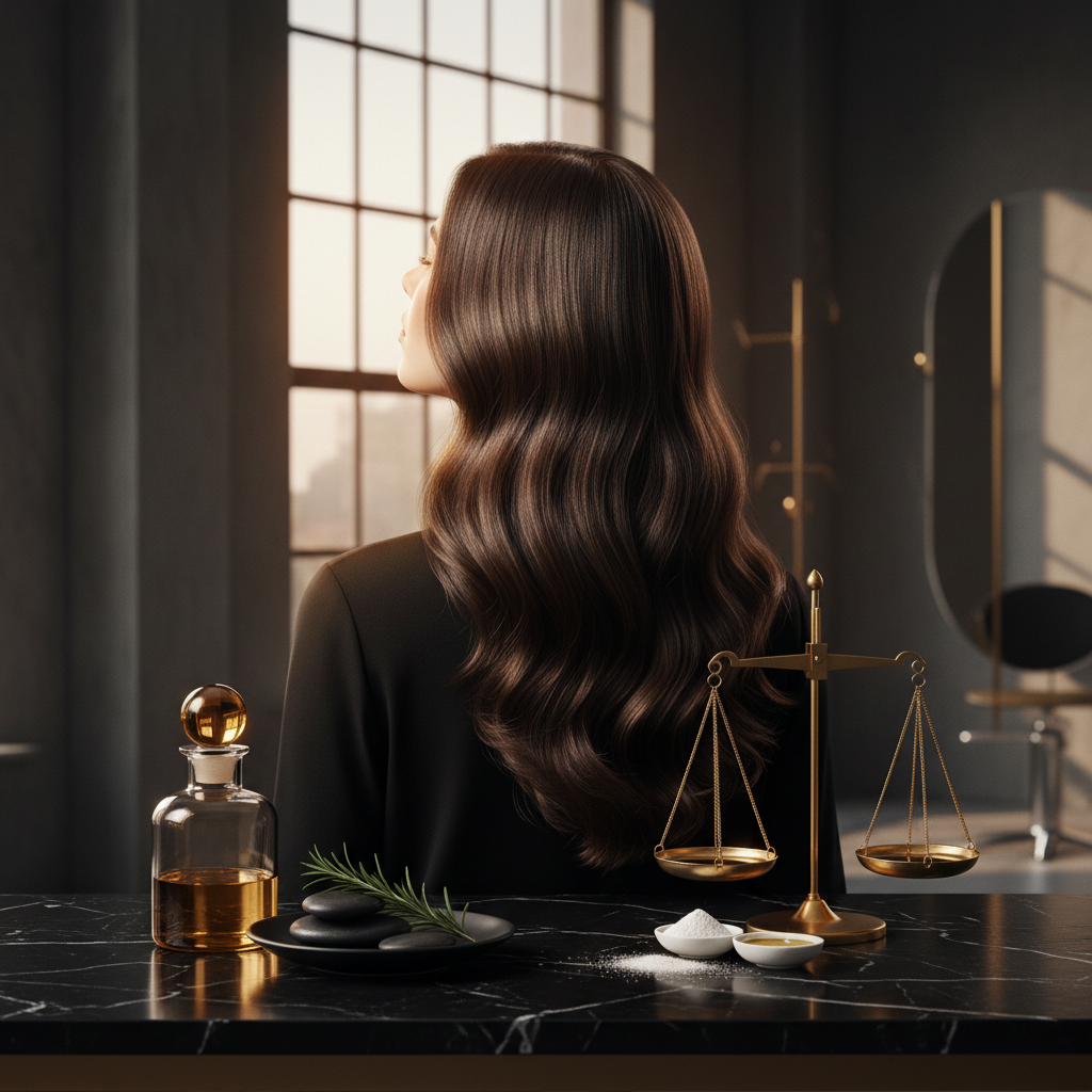 Close up of clean scalp part line demonstrating sebum regulation for healthy hair