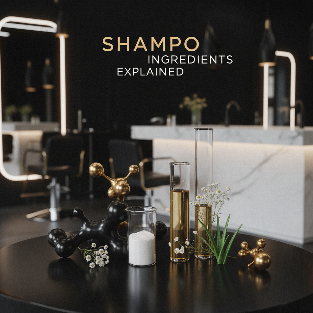 Shampoo Ingredients Explained displayed with modern haircare bottles showing cosmetic labels and natural botanical extracts