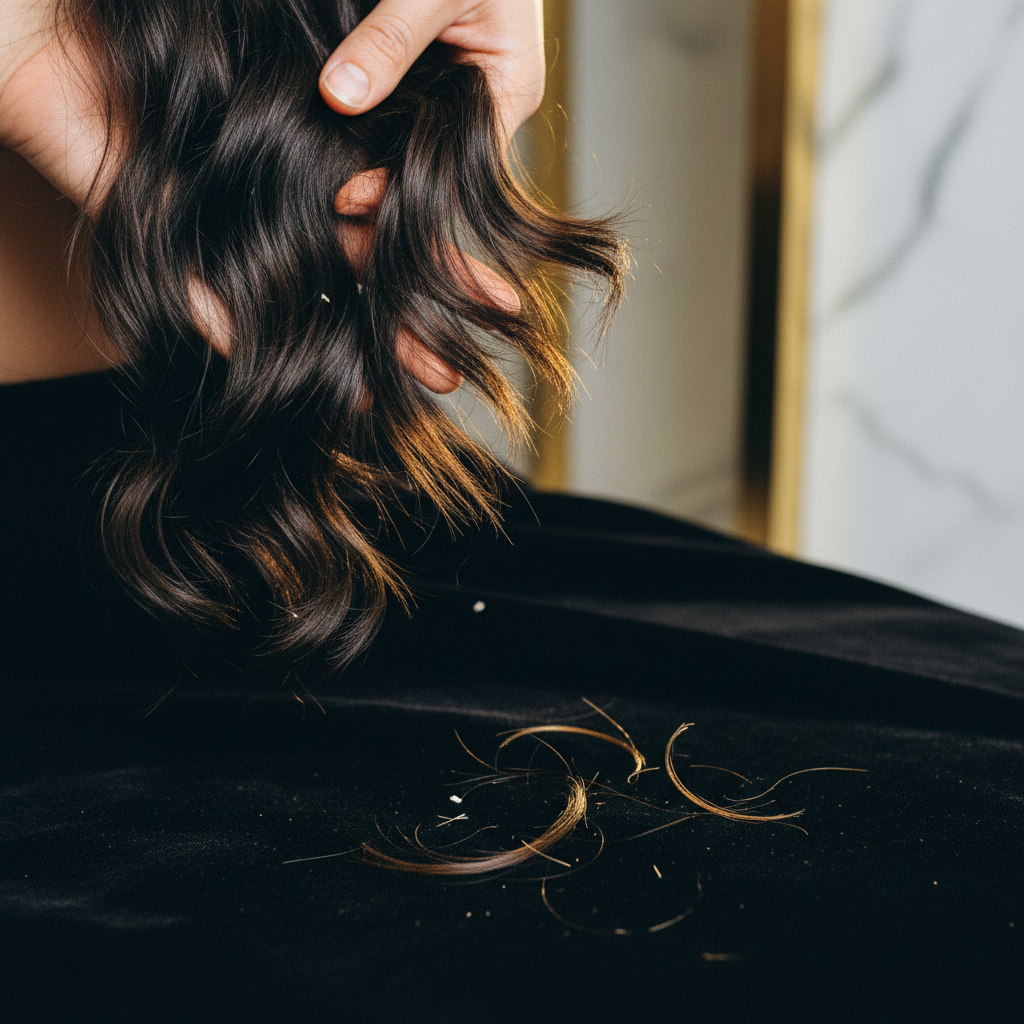 Close up of fingers inspecting split ends and visible signs of hair breakage