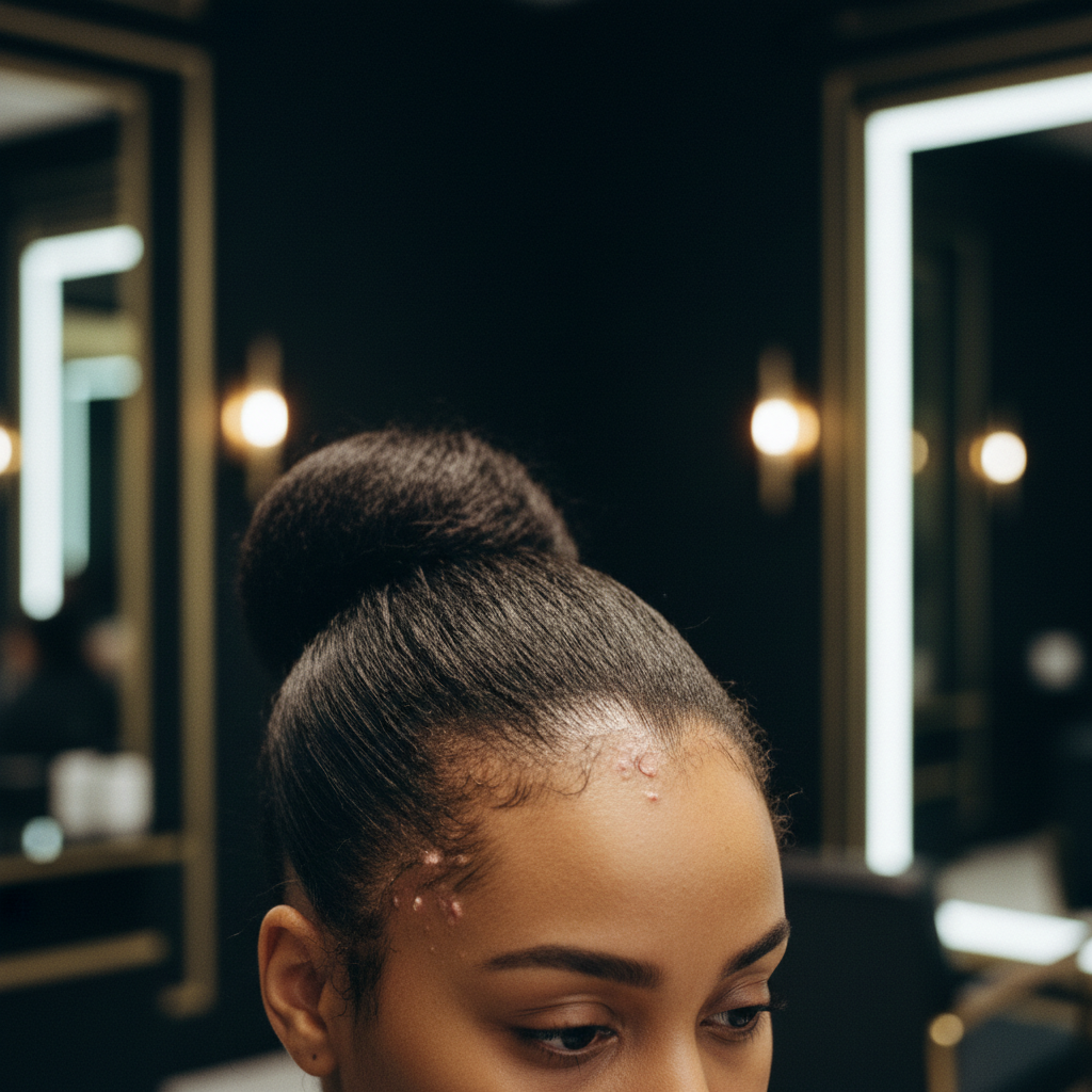 Close up view showing early signs of traction alopecia with thinning along a frontal hairline