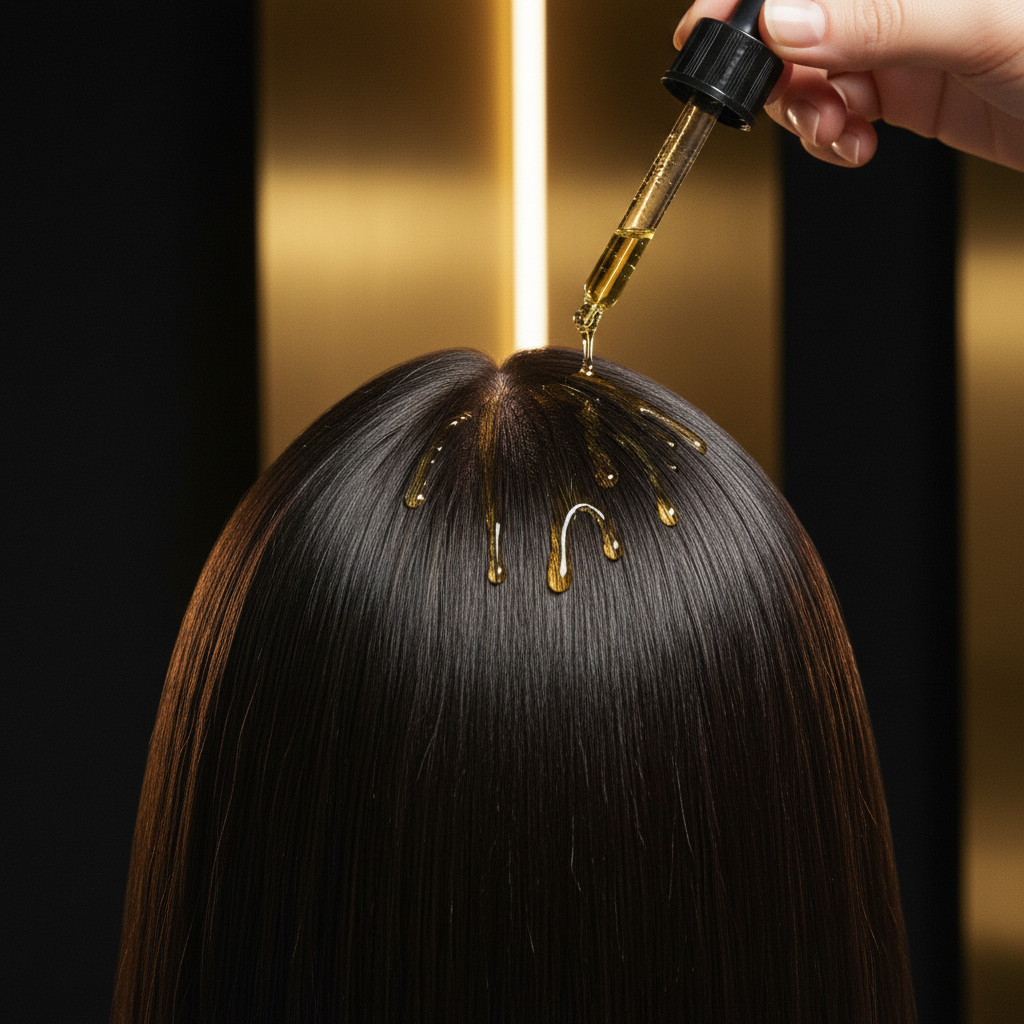 A close up of hands applying stable squalane oil for squalene and scalp health