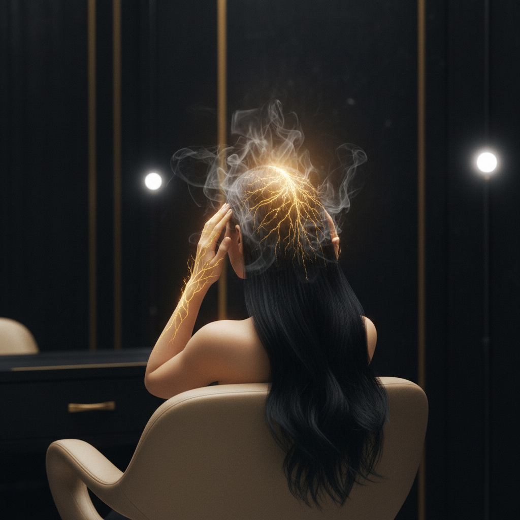 Close-up of a person gently massaging a sensitive scalp, illustrating stress and scalp health management