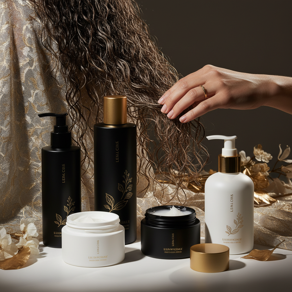 Bottles of gentle Sulfate Free Haircare formulas resting beside natural botanical ingredients and clean water