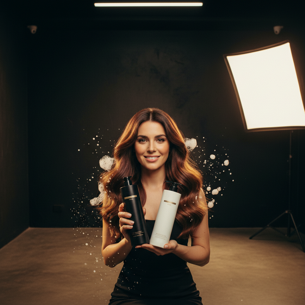 A bottle of gentle cleanser surrounded by lather, illustrating the everyday Sulfate Free Shampoo Benefits.