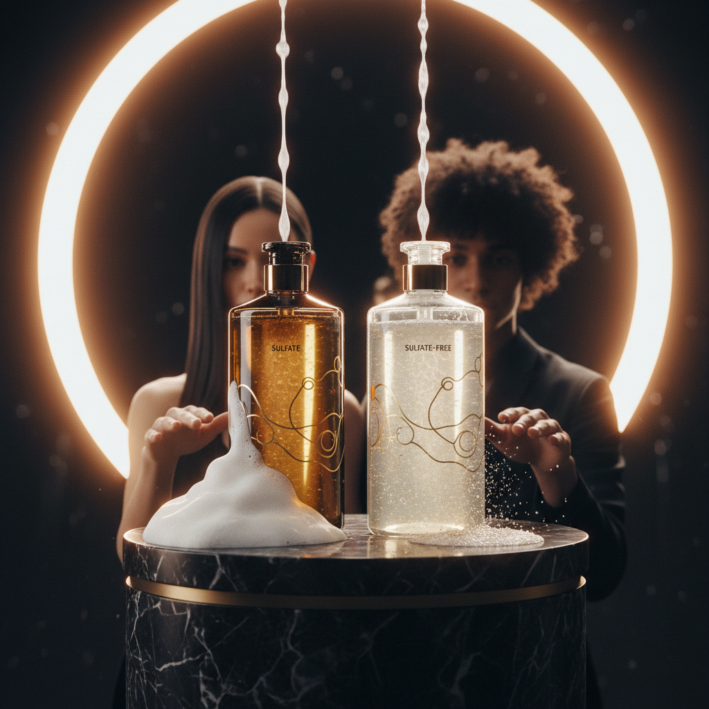 Bottles of Sulfate vs Sulfate Free Shampoo displayed side by side on a minimalist surface.