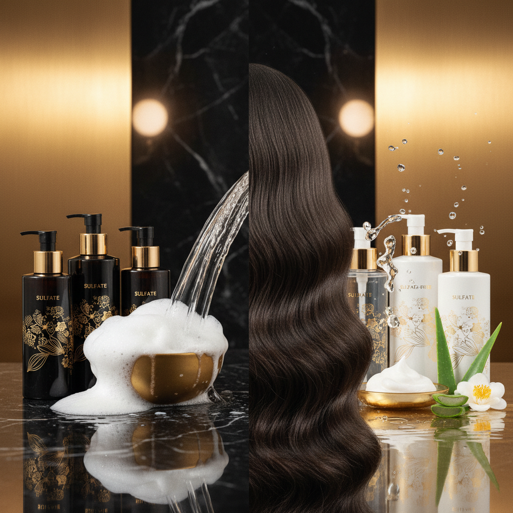 Bottle of Sulfate vs Sulfate-Free Shampoo pouring clear cleanser into a person's hand in a bathroom