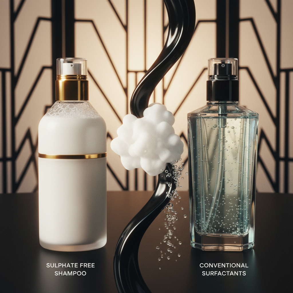 Hands lathering Sulphate Free Shampoos vs Conventional Surfactants on hair showing rich foam