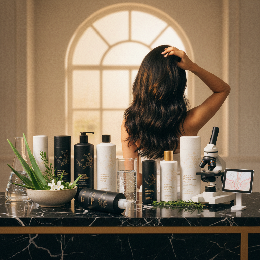Sulphate-Free Shampoos and Scalp Health concept showing gentle shampoo foam massaged into healthy scalp
