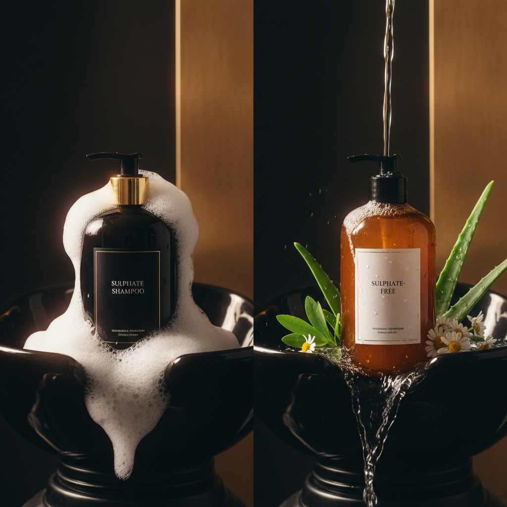 Comparison bottles illustrating Sulphates vs Sulphate Free Shampoos sitting beside water droplets on a white surface
