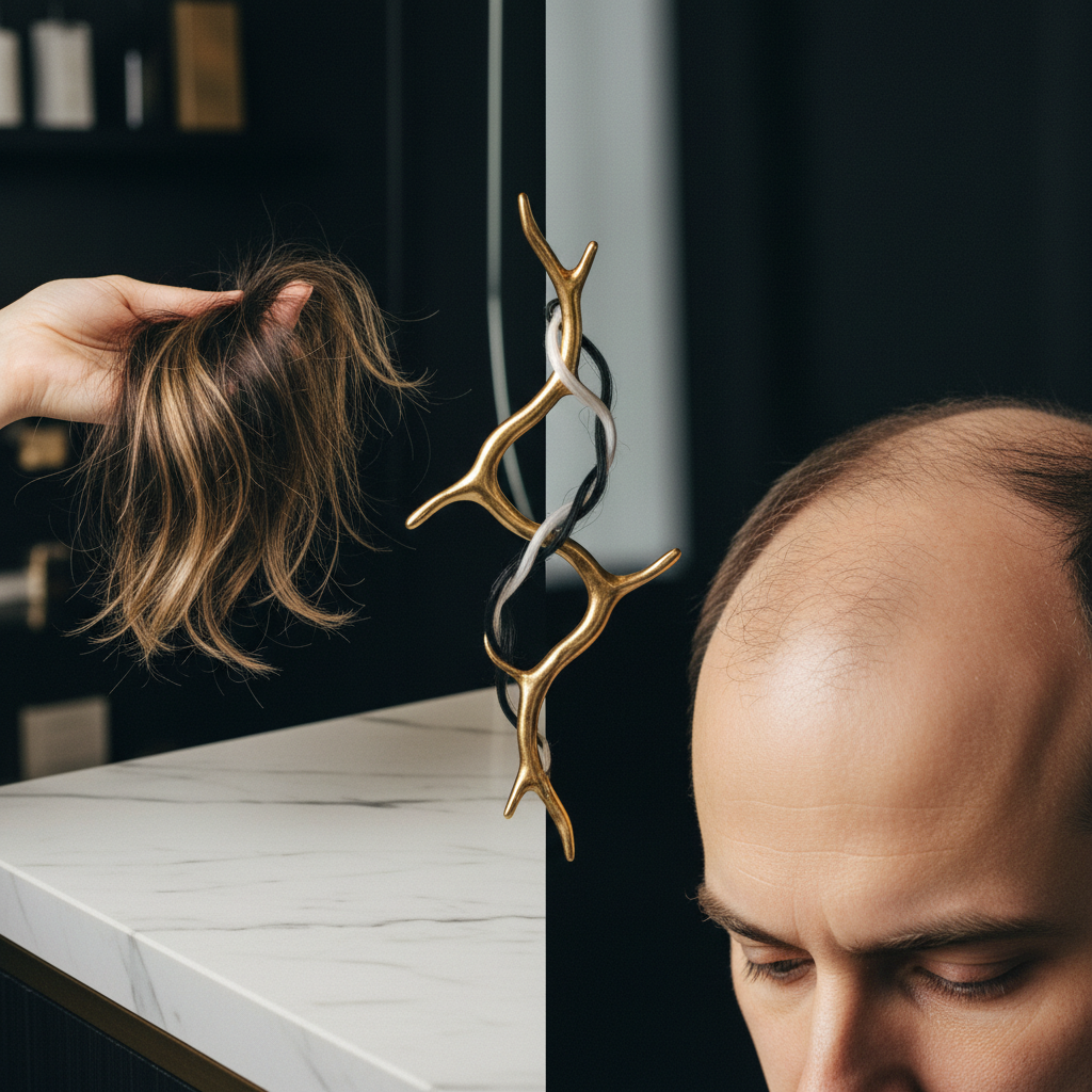Dermatologist comparing scalp patterns in Telogen Effluvium vs Androgenetic Alopecia under magnification