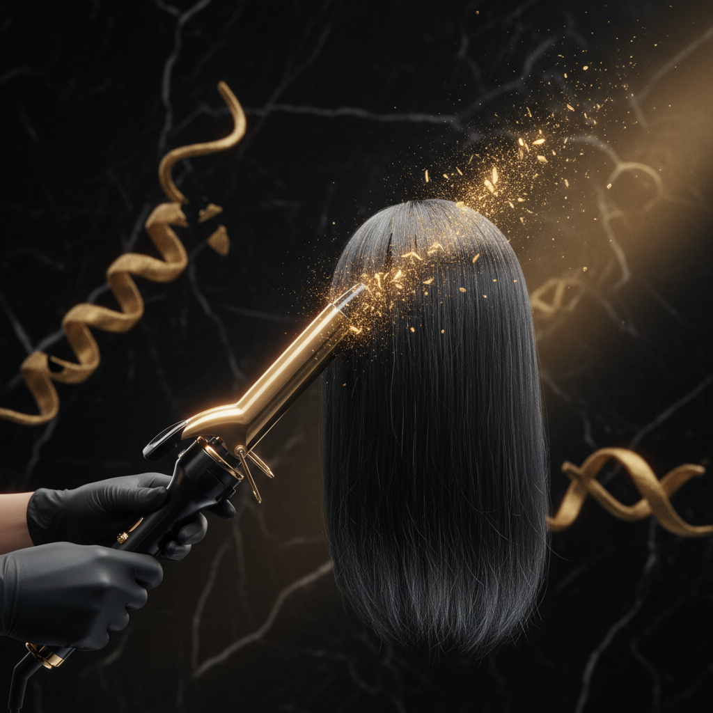 Close-up of heat-damaged hair fibres exhibiting Thermal Damage and Hair Protein Loss under magnifying light