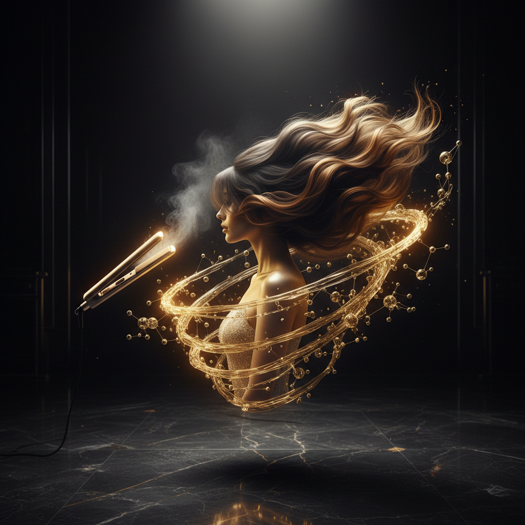 Stylist applying a spray demonstrating Thermal Heat Protection Mechanisms on long hair