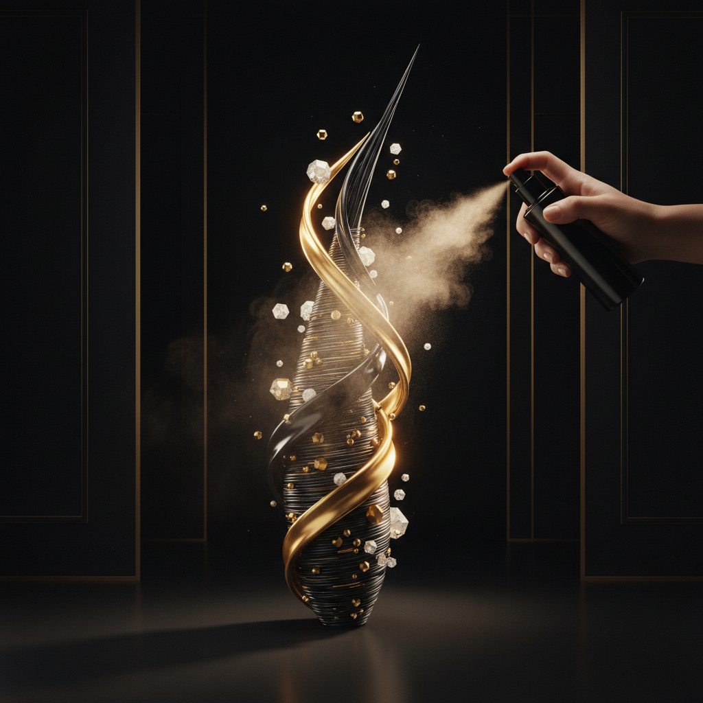Flat iron styling hair with thermal protectant spray applied to shield fragile hair keratin, illustrating Thermal Protectants and Hair Keratin