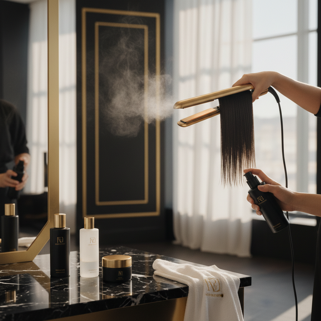 Stylist demonstrating thermal styling safety and heat protectants using a professional flat iron on client hair