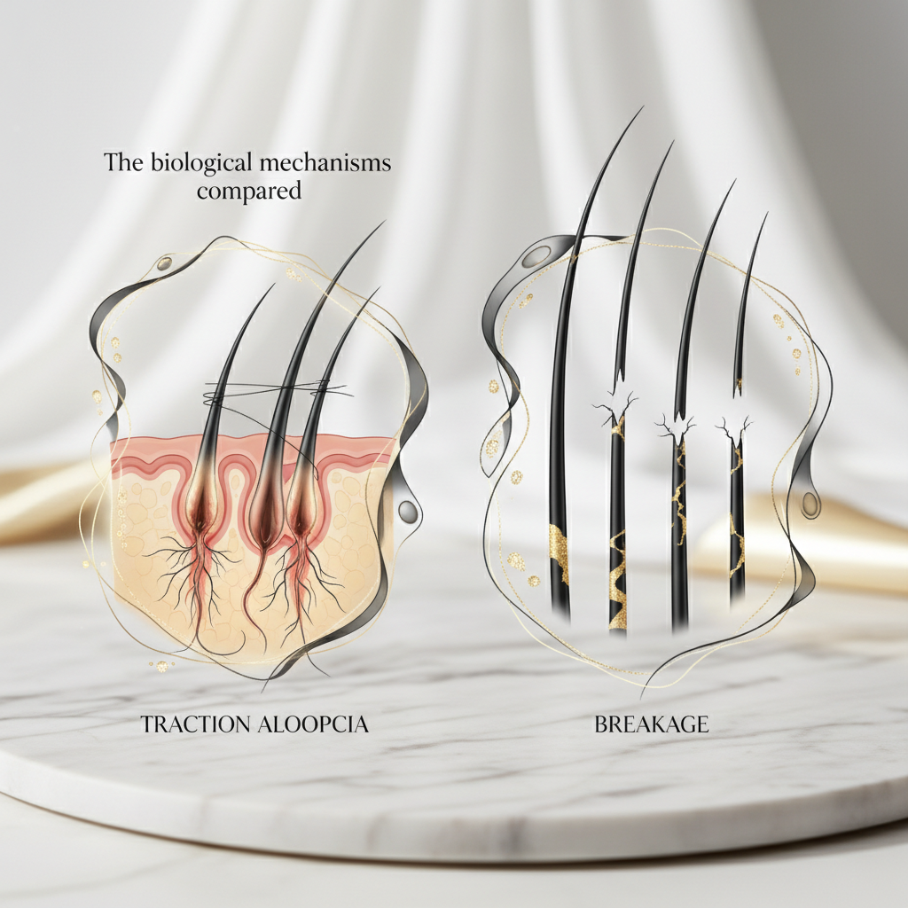 The biological mechanisms compared in the context of Traction Alopecia vs Breakage