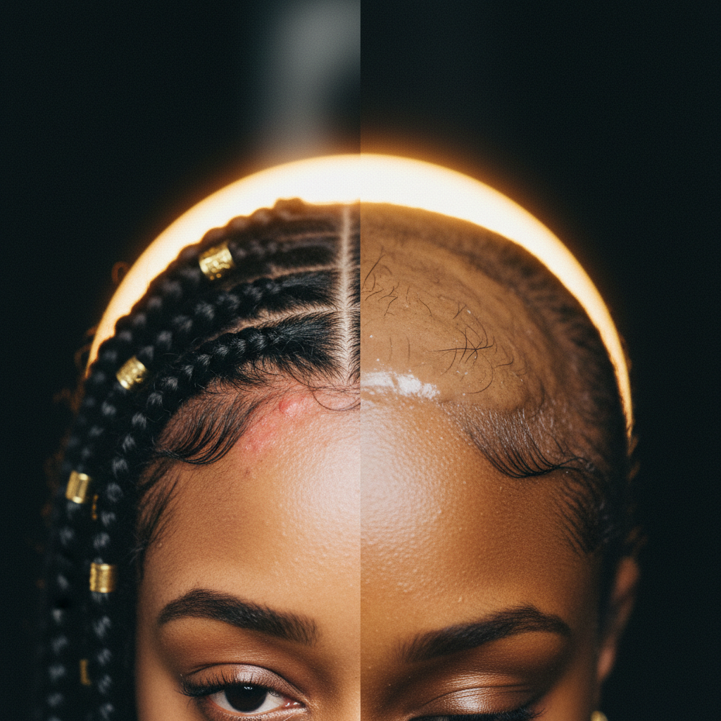 Close-up clinical comparison illustrating Traction Alopecia vs Scarring Alopecia on the human scalp