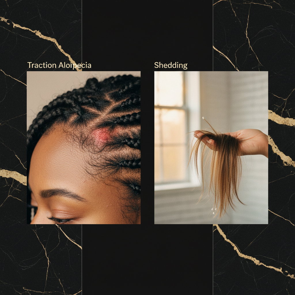 Close examination illustrating Traction Alopecia vs Shedding patterns along the front hairline and crown