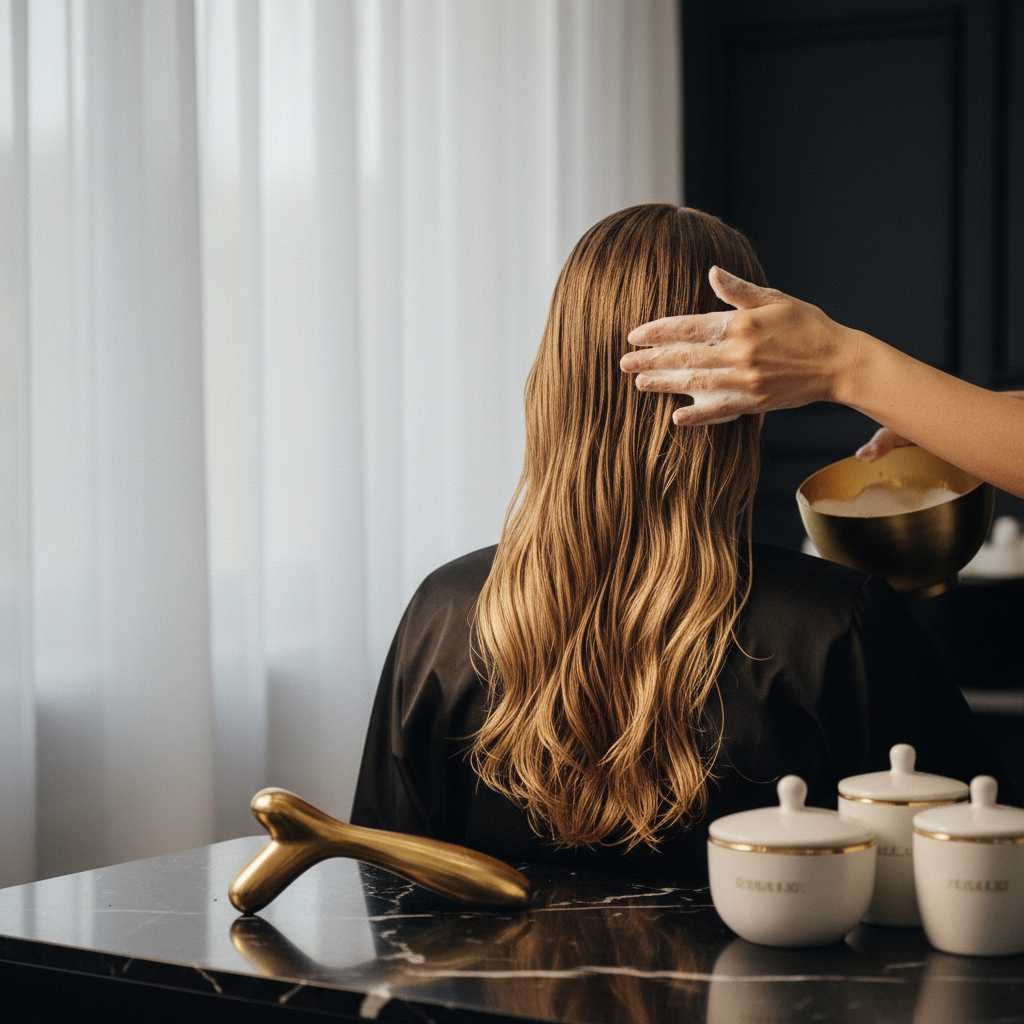 A stylist demonstrating how to treat dry damaged hair using deep conditioning masks in a professional salon