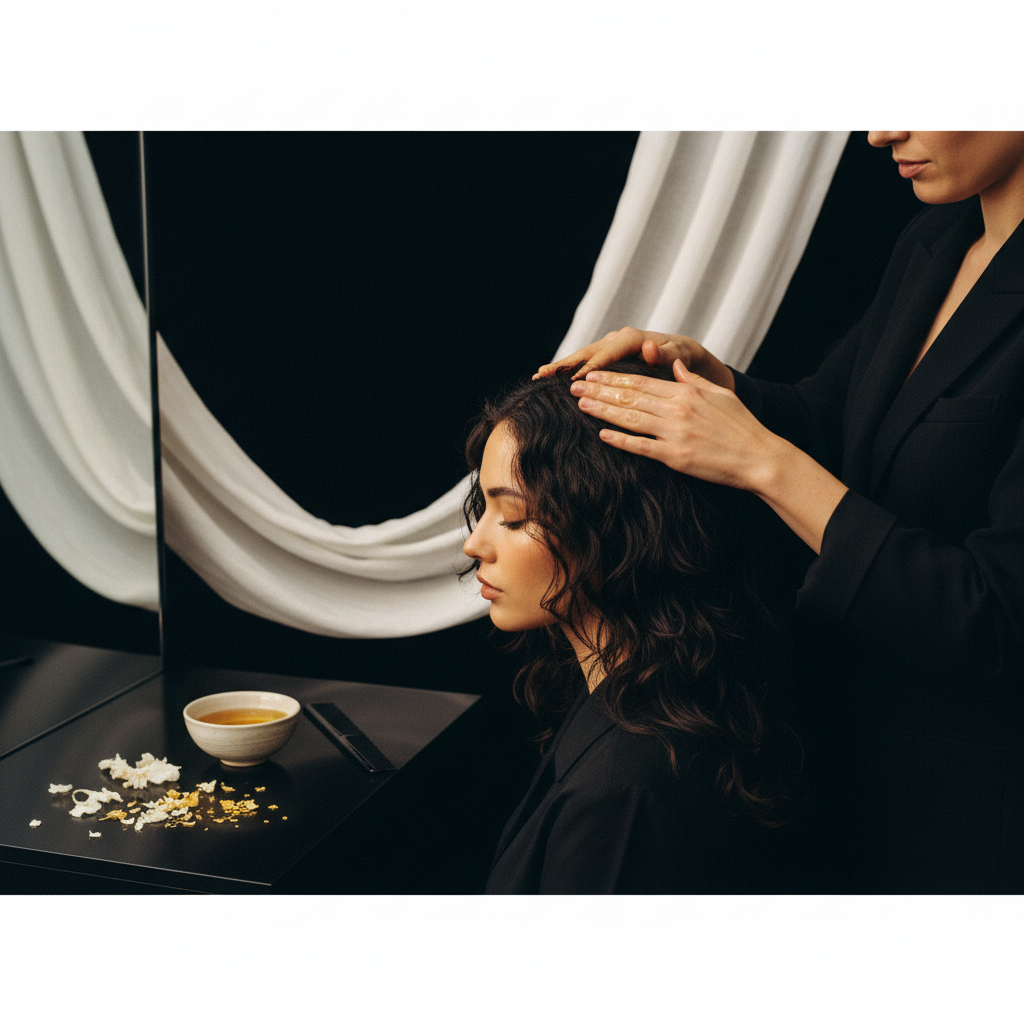 Stylist carefully parting clean hair during a salon consultation for Treating Dry Flaky Scalp