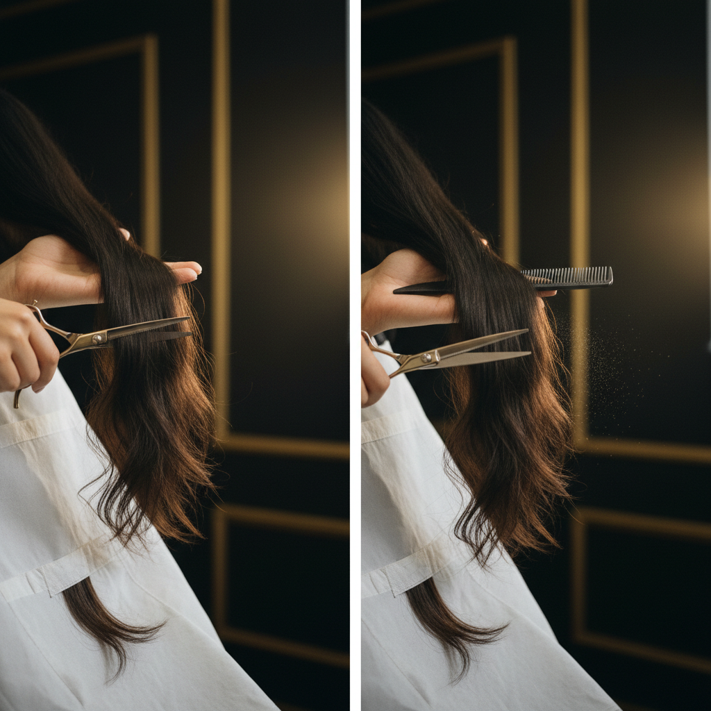 Stylist demonstrating trimming vs dusting hair technique using professional shears on long brown hair strands