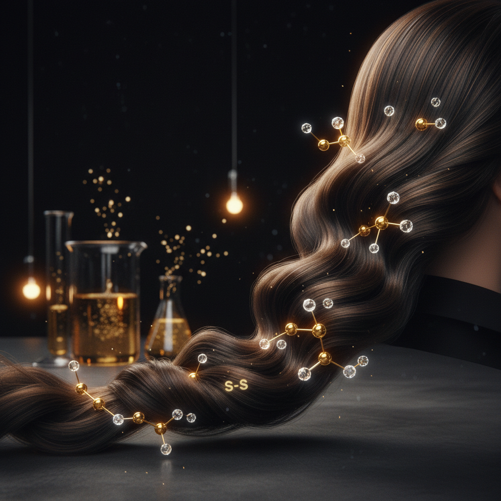 Stylist examining hair strand structure illustrating Understanding Disulfide Bonds in Hair elasticity