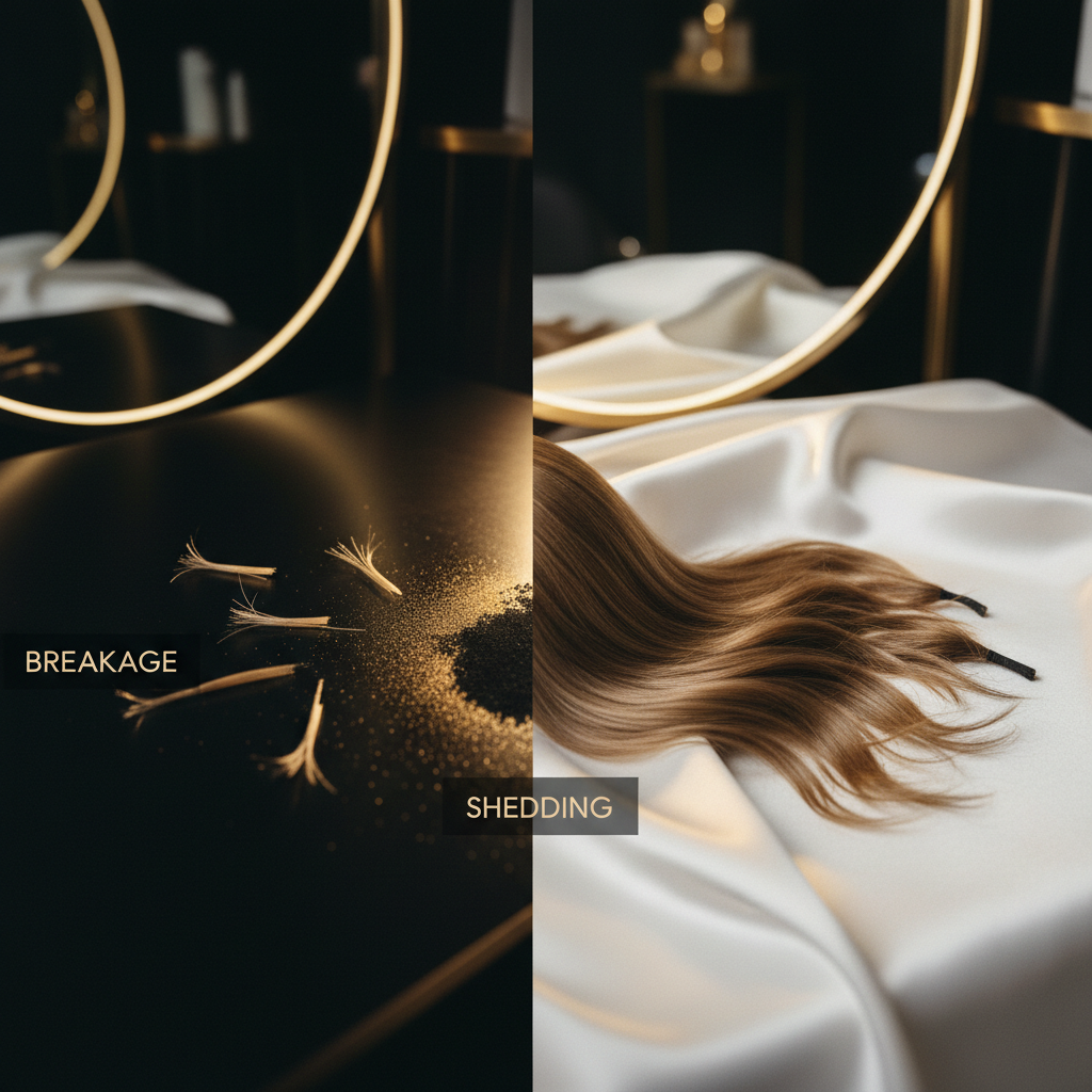 Understanding Hair Breakage versus Shedding showing close up of hair strands with and without bulbs