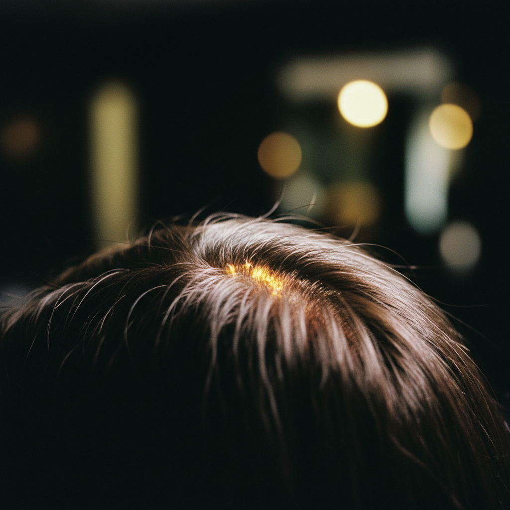 Trichologist examining a patient scalp demonstrating understanding hair follicle inflammation with a dermatoscope