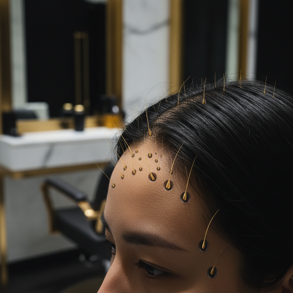 Dermatoscope view of scalp illustrating Understanding Hair Follicle Miniaturisation with varying fibre diameters