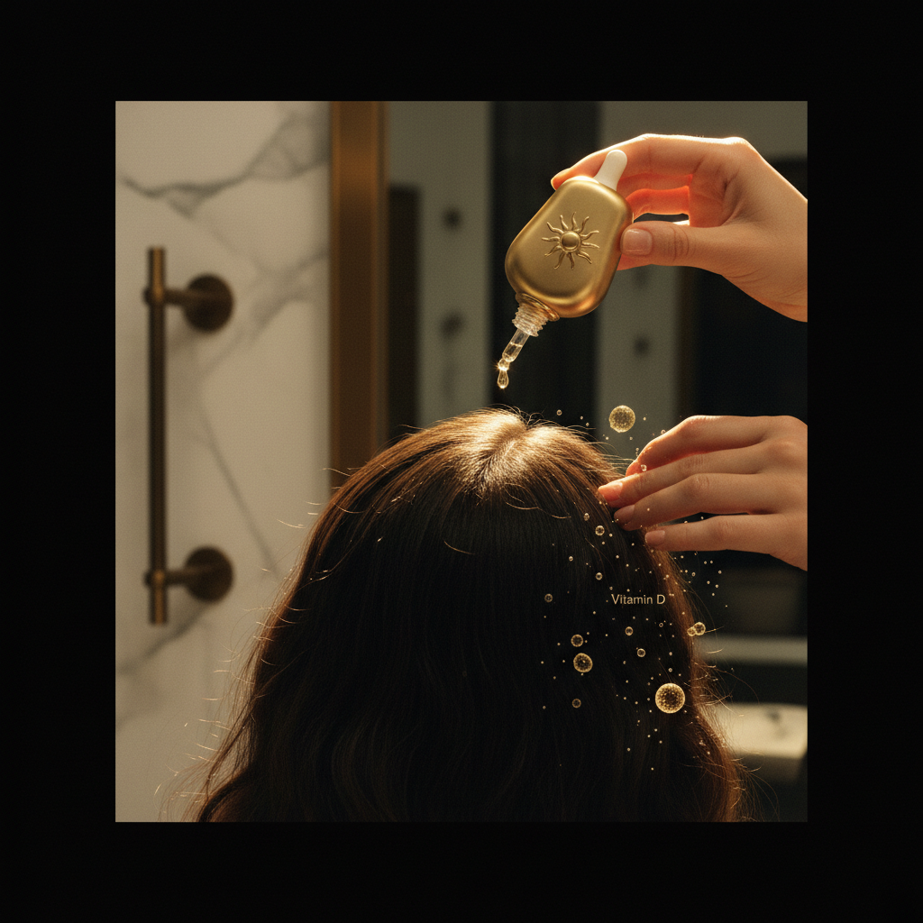 Clinician examining patient scalp under focused clinic light assessing Vitamin D and Scalp Health markers