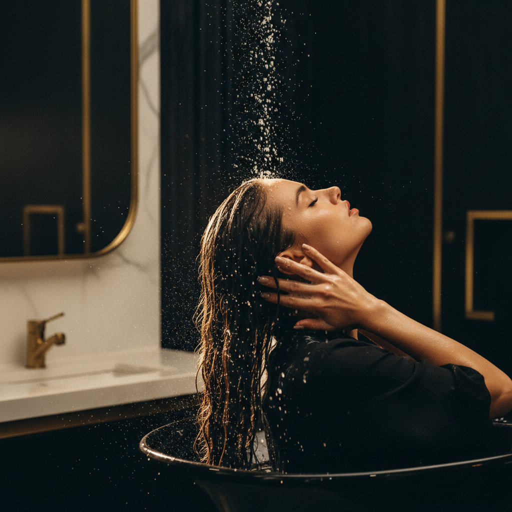 Woman washing hair in hard water under a modern chrome shower head in a bathroom