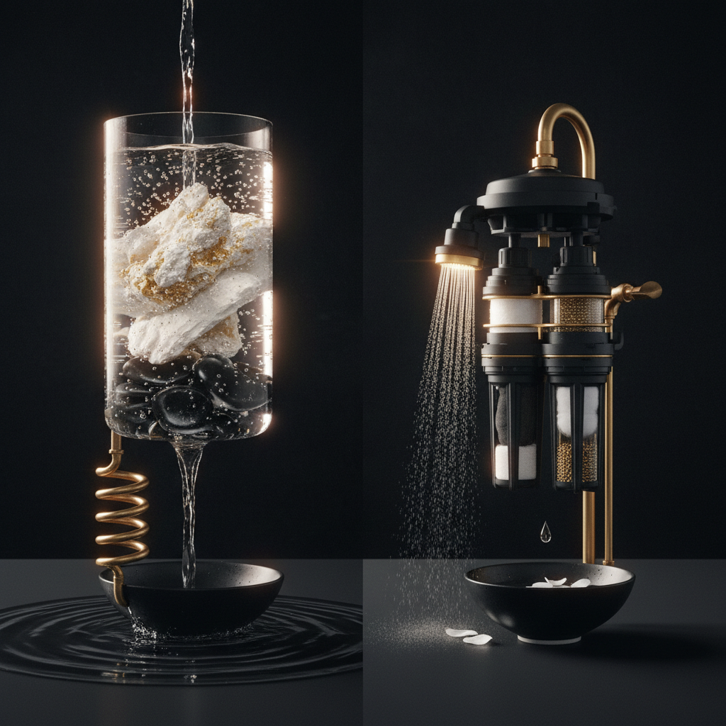Bathroom showing water softeners vs shower filters attached to a shower head with flowing water