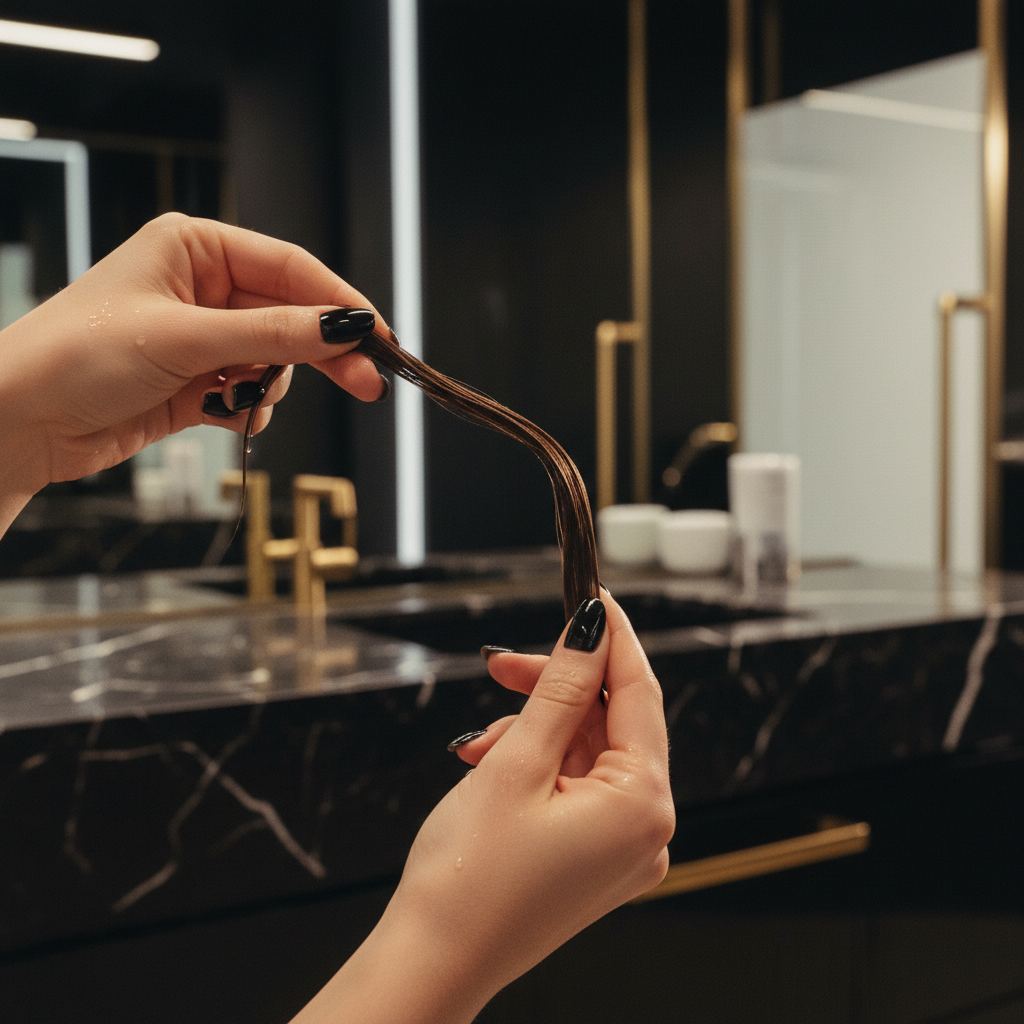Hands gently stretching a single wet hair strand to test Wet Hair Elasticity