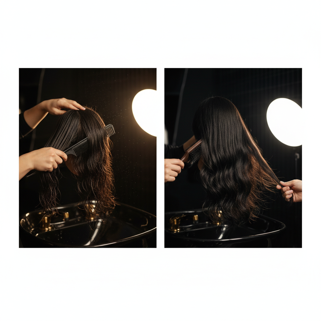 Woman evaluating wet vs dry hair detangling techniques holding wide tooth comb in bathroom